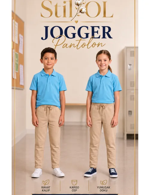 Çocuk Jogger Pantolon Rahat Kalıp Lastikli Bel Günlük Spor Okul Pantolonu