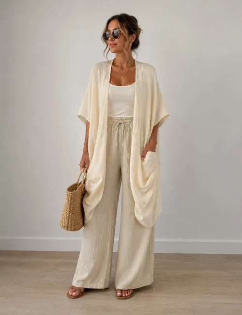 Kadın Müslin Cepli Salaş Kimono Kaftan-Krem