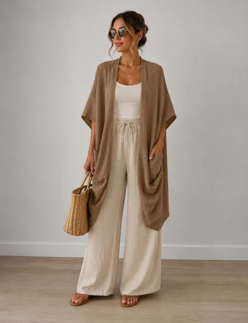Kadın Müslin Cepli Salaş Kimono Kaftan – Vizon