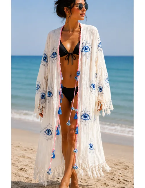 Kadın Beyaz Mavi Göz Desenli Uzun Püsküllü Kimono Pareo