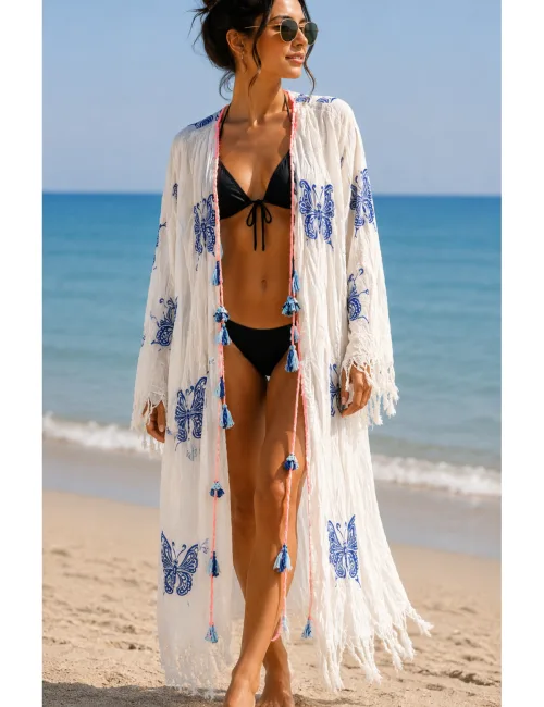 Kadın Beyaz Mavi Kelebek Desenli Uzun Püsküllü Otantik Kimono Pareo