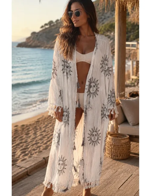 Kadın Güneş Desenli Püsküllü Uzun Kimono Plaj Üstü