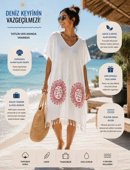 Kadın Uzun Plaj Kimonosu Desenli Salaş Pareo Mayo Bikini Üstü Bohem Yazlık Kırmızı Güneş Desenli Kimono