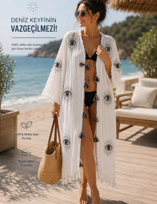 Kadın Uzun Plaj Kimonosu Desenli Salaş Pareo Mayo Bikini Üstü Bohem Yazlık Kimono