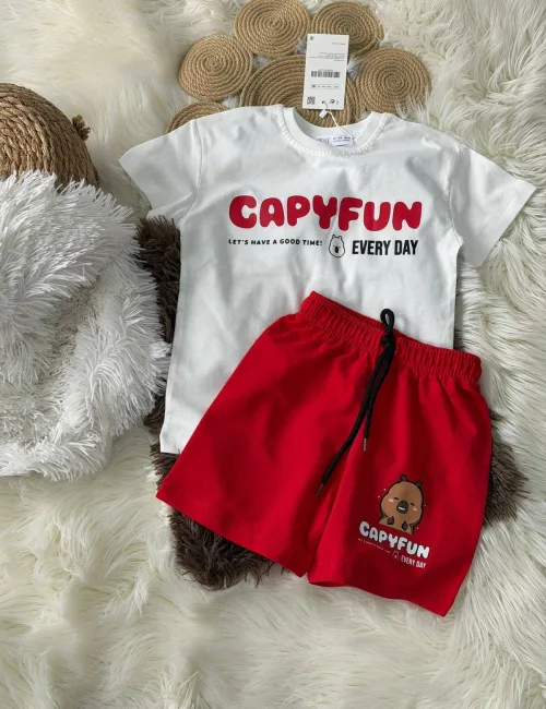 Çocuk Capyfun Baskılı Beyaz Tişört Kırmızı Şortlu Yazlık Takım