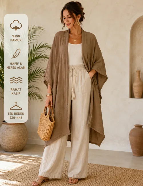 Müslin Pamuk Salaş Kaftan Kimono – Vizon