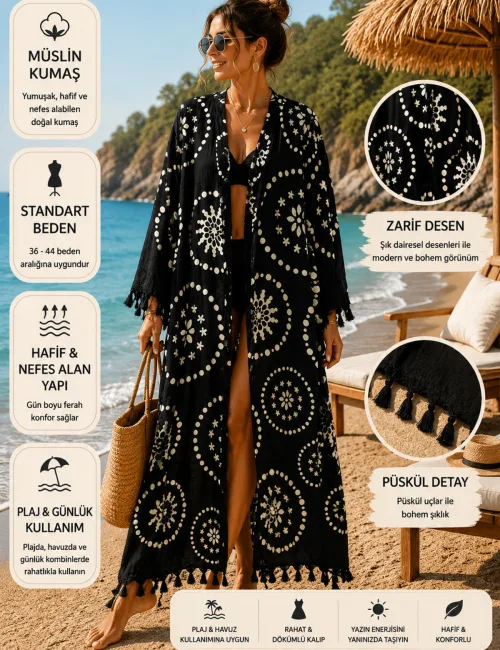Siyah Etnik Desenli Müslin Kimono Pareo Püskül Detaylı Plaj Kaftanı