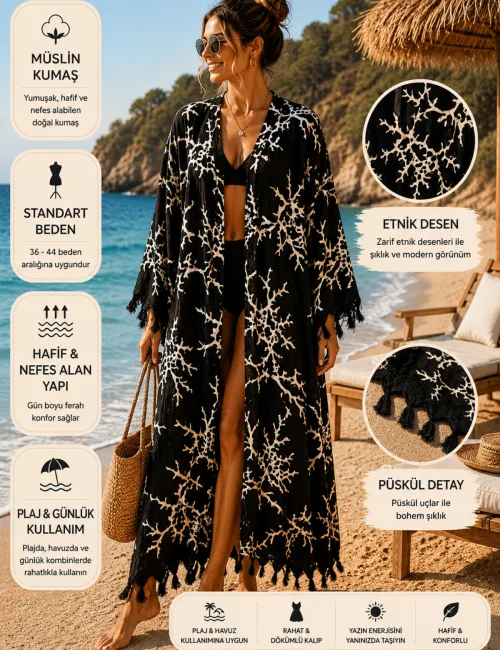 Siyah Mercan Desenli Uzun Müslin Kimono Pareo Kadın Plaj Kaftanı