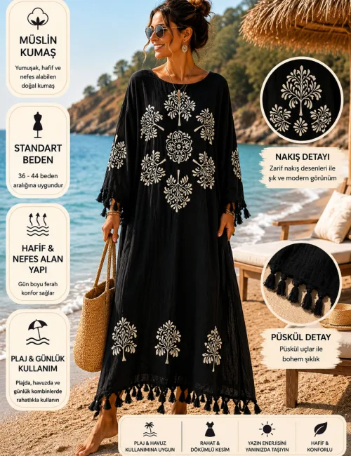 Nakış Desenli Uzun Müslin Kimono Pareo Kadın Plaj Kaftanı Siyah