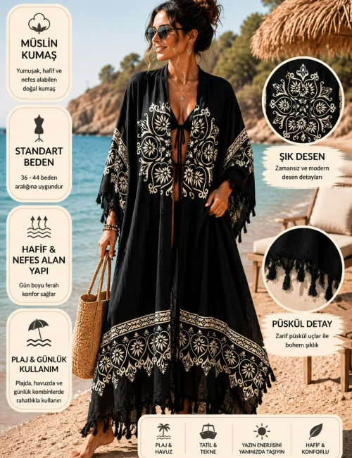 Etnik Desenli Uzun Müslin Kimono Pareo Kadın Plaj Kaftanı Siyah