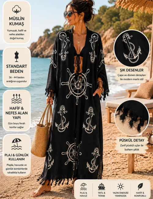 Marin Desenli Uzun Müslin Kimono Pareo Kadın Plaj Kaftanı Siyah