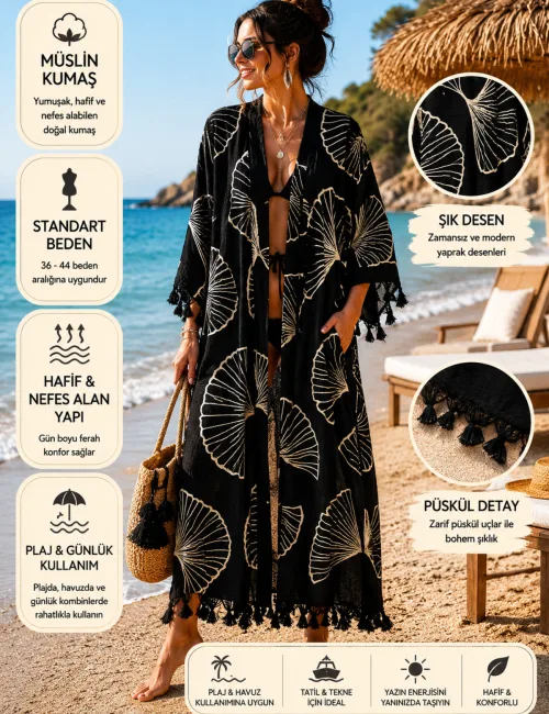 Yaprak Desenli Uzun Müslin Kimono Pareo Kadın Plaj Kaftanı Siyah