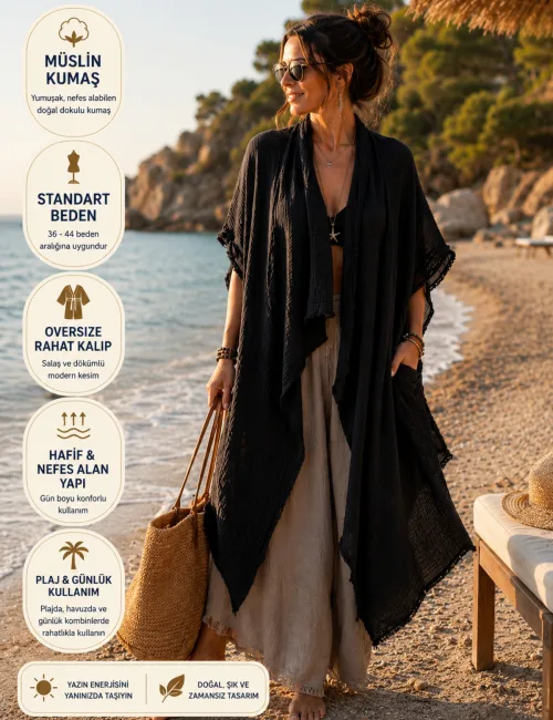 Siyah Müslin Kimono Pareo Kadın Plaj Kaftanı Oversize Yazlık
