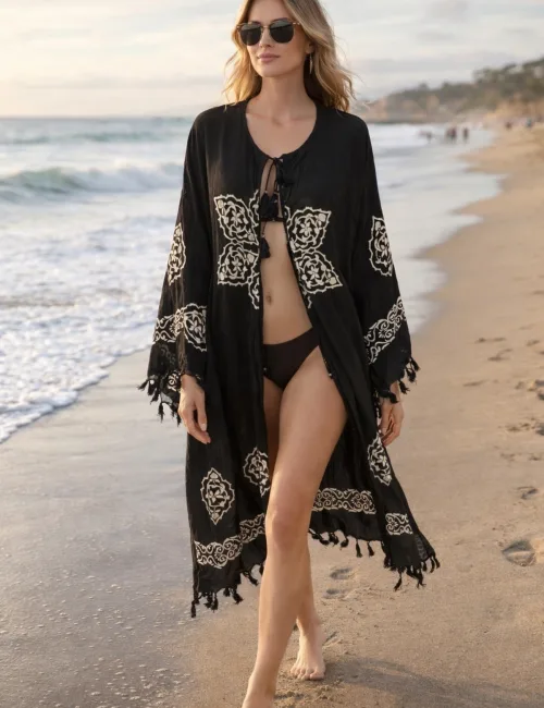 Etnik Desenli Siyah Kimono Pareo Plaj Üstü