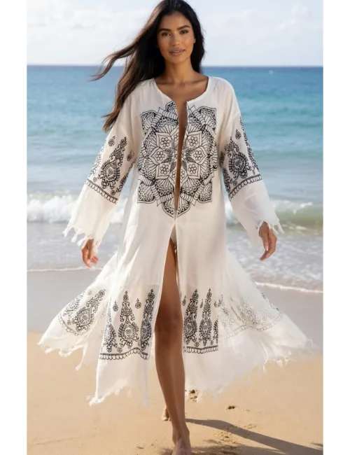 Etnik Desenli Beyaz Uzun Kimono Pareo Plaj Üstü